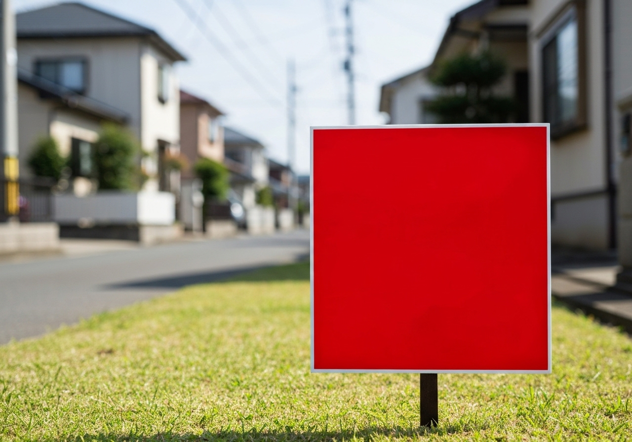家の売却を象徴する看板。私道の登記漏れが売却の障害になるリスクを示唆している。