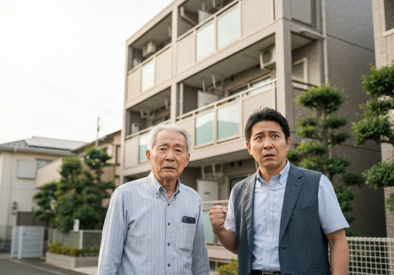 アパートの前に立つ高齢の父親と、将来の経営を心配するその息子。