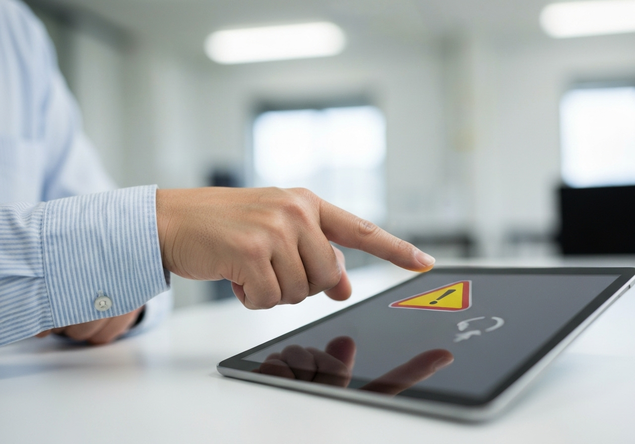 タブレット画面の注意喚起マークを指さす手。戸籍の広域交付制度の注意点を説明するイメージ。