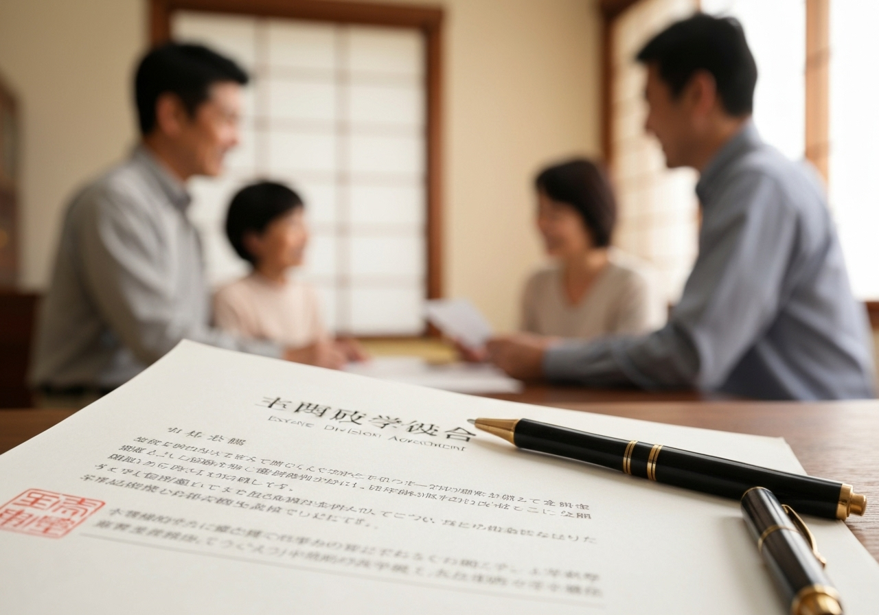 遺産分割協議書と印鑑とペン。相続手続きで家族が合意したことを示すイメージ。