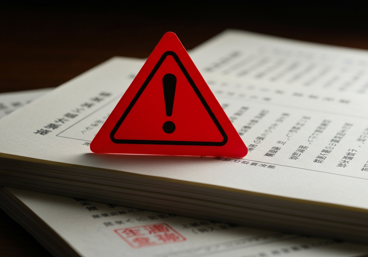 未登記建物を放置することのリスクを象徴する警告マークと不動産書類
