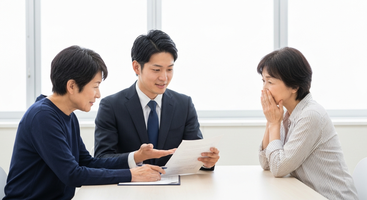 司法書士が相談者に対して、相続手続きについて丁寧に説明している様子の写真。