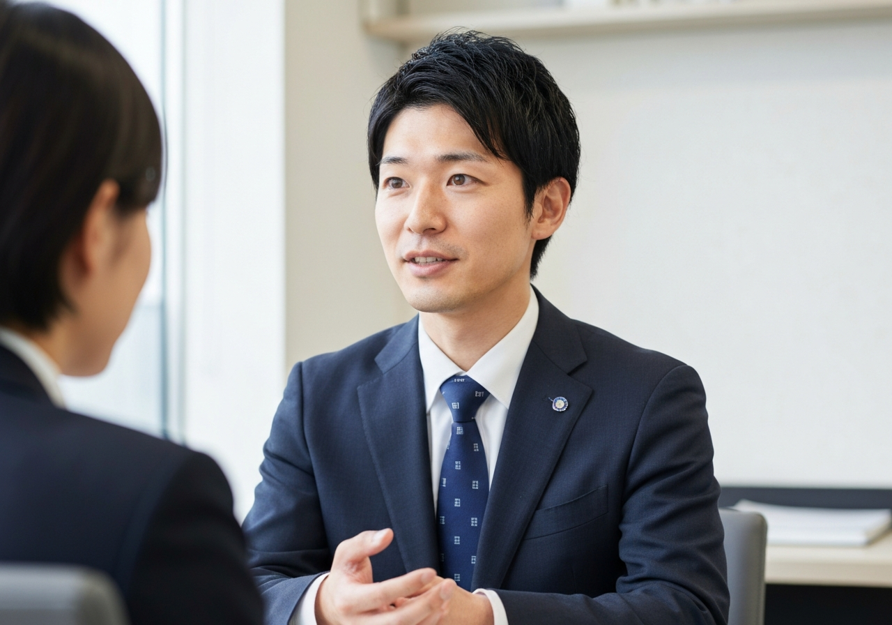 相続登記について丁寧に解説する司法書士。専門家が分かりやすくサポートする様子を示している。