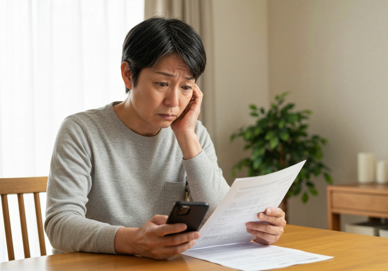 ai_image_1 | 神奈川県川崎市、横浜市やその近郊で相続手続き・相続登記なら「いがり円満相続相談室」 自宅のテーブルで、相続に関する書類とスマートフォンを前に頭を抱える人物。海外在住の相続人がいる手続きの複雑さに悩んでいる様子。