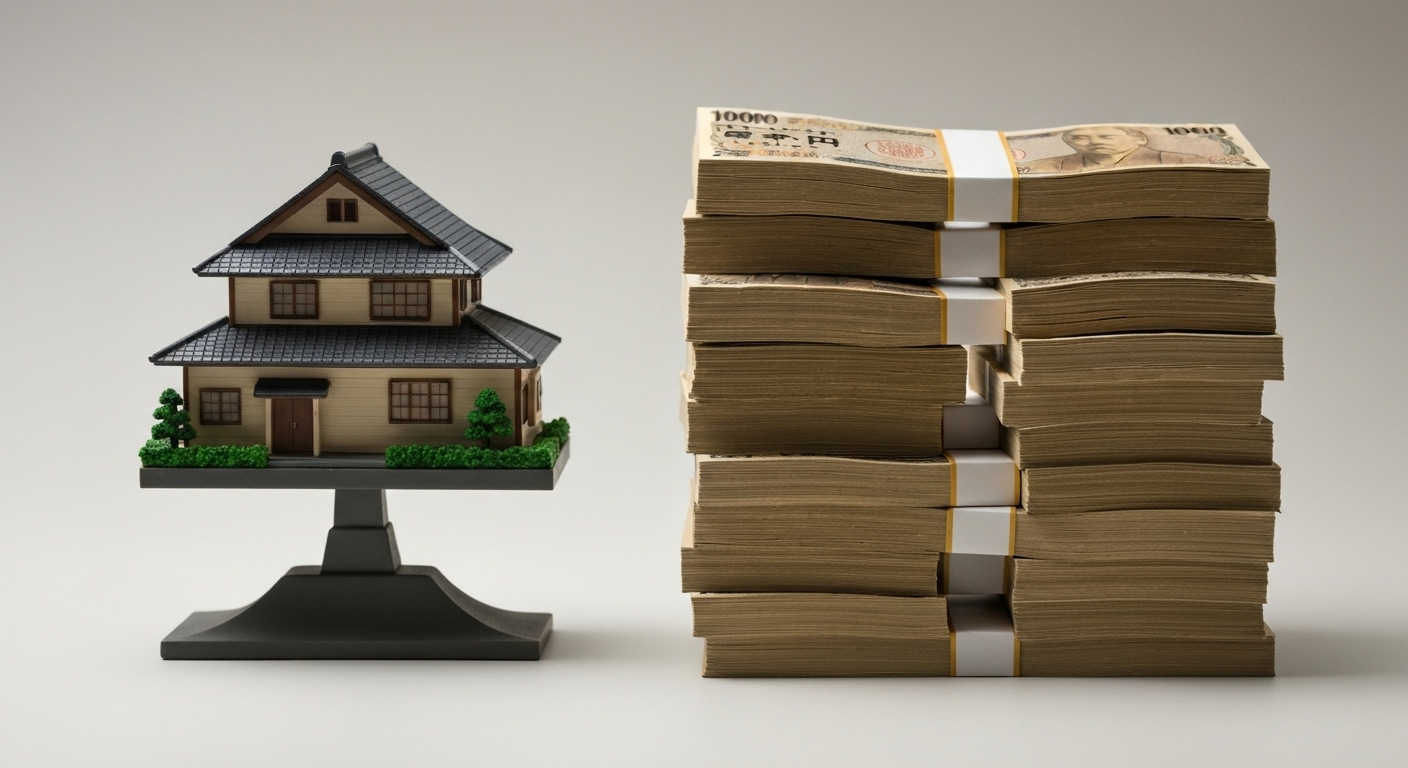 天秤に乗った家の模型と現金が釣り合っており、不動産を現金化して公平に分ける換価分割の概念を象徴している。