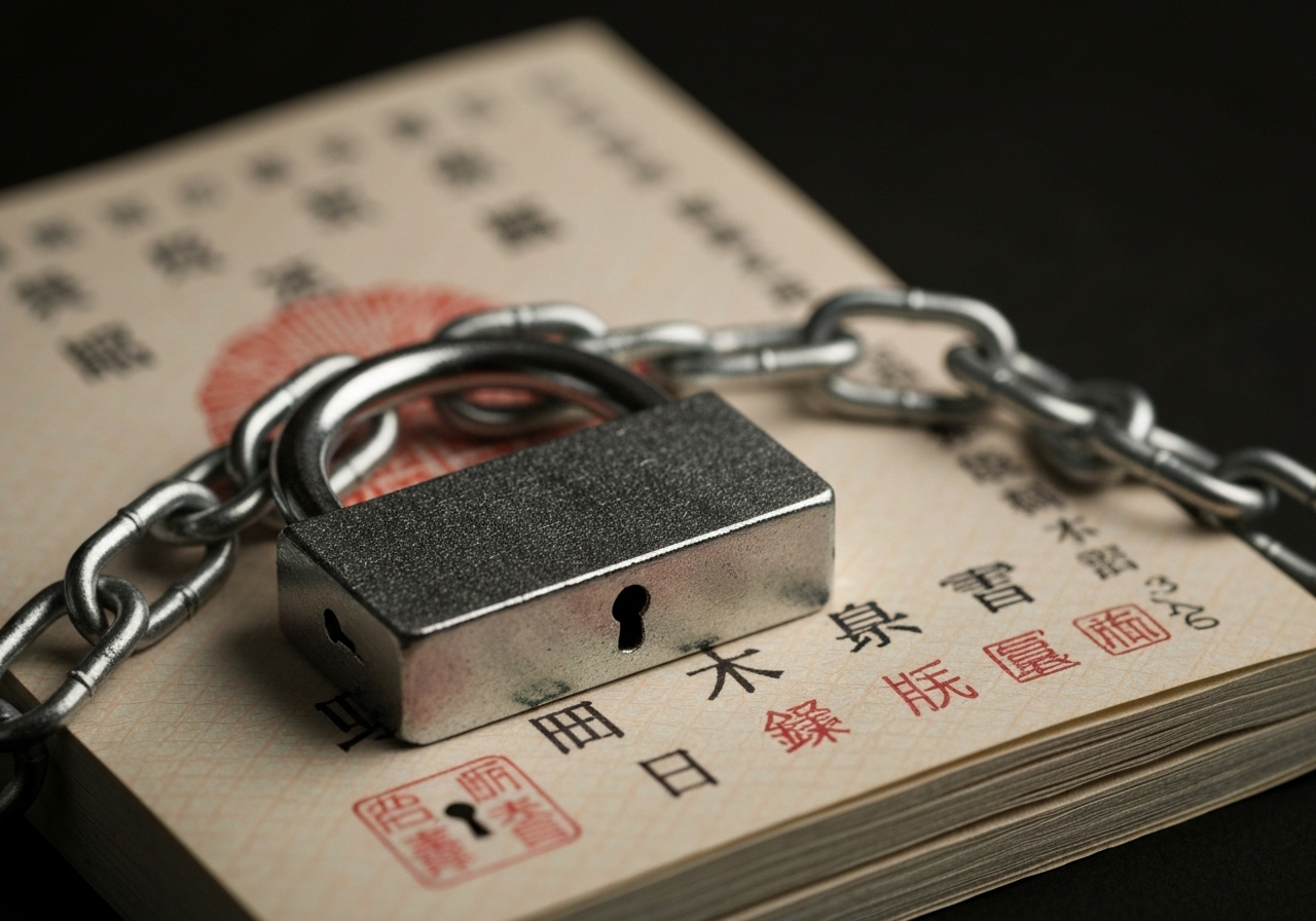 凍結された銀行口座を象徴する、鍵と鎖が巻かれた預金通帳