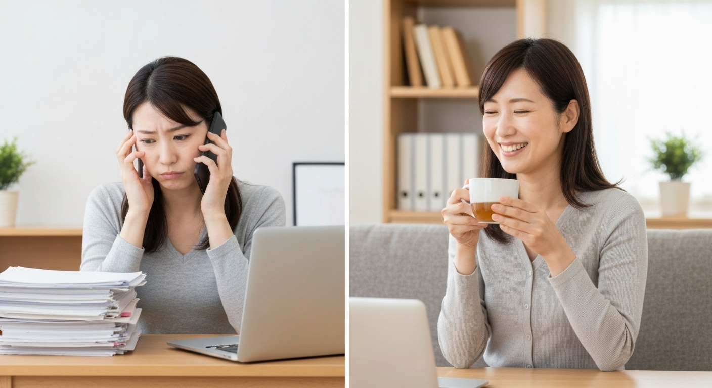相続手続きを専門家に代行依頼する前と後での、時間と心の余裕の違いを表現したイメージ