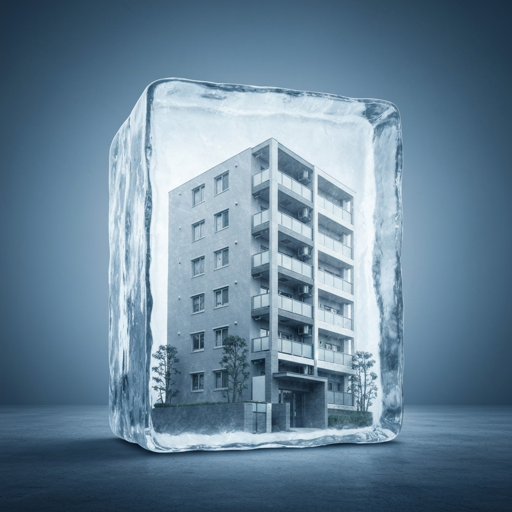 氷漬けにされたアパートの模型。オーナーが認知症になると資産が凍結されるリスクを象徴する画像。