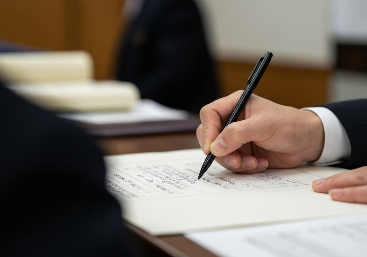 法務局で法定相続情報一覧図の申出書を記入している様子のクローズアップ写真。手続きの正確性が求められることを示唆しています。