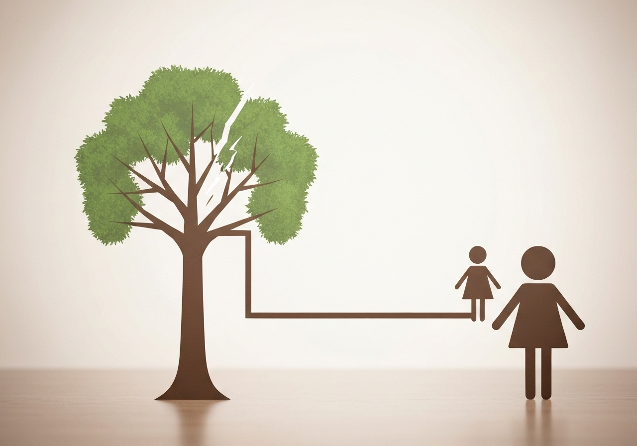 離婚した両親と子の関係を示す家系図のイラスト。離婚しても法的な親子関係と相続権はなくならないことを象徴しています。