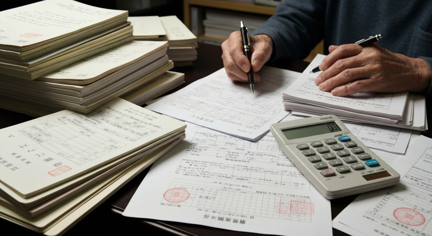 戸籍謄本や財産目録など、山積みの書類を前に頭を抱える遺言執行者の様子