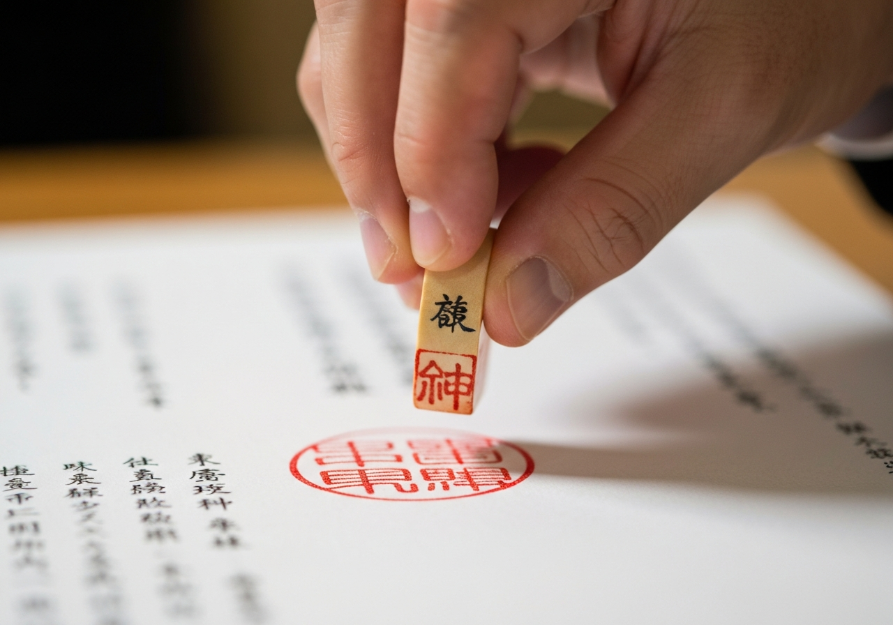 遺産分割協議書に実印を押印している瞬間のクローズアップ写真。