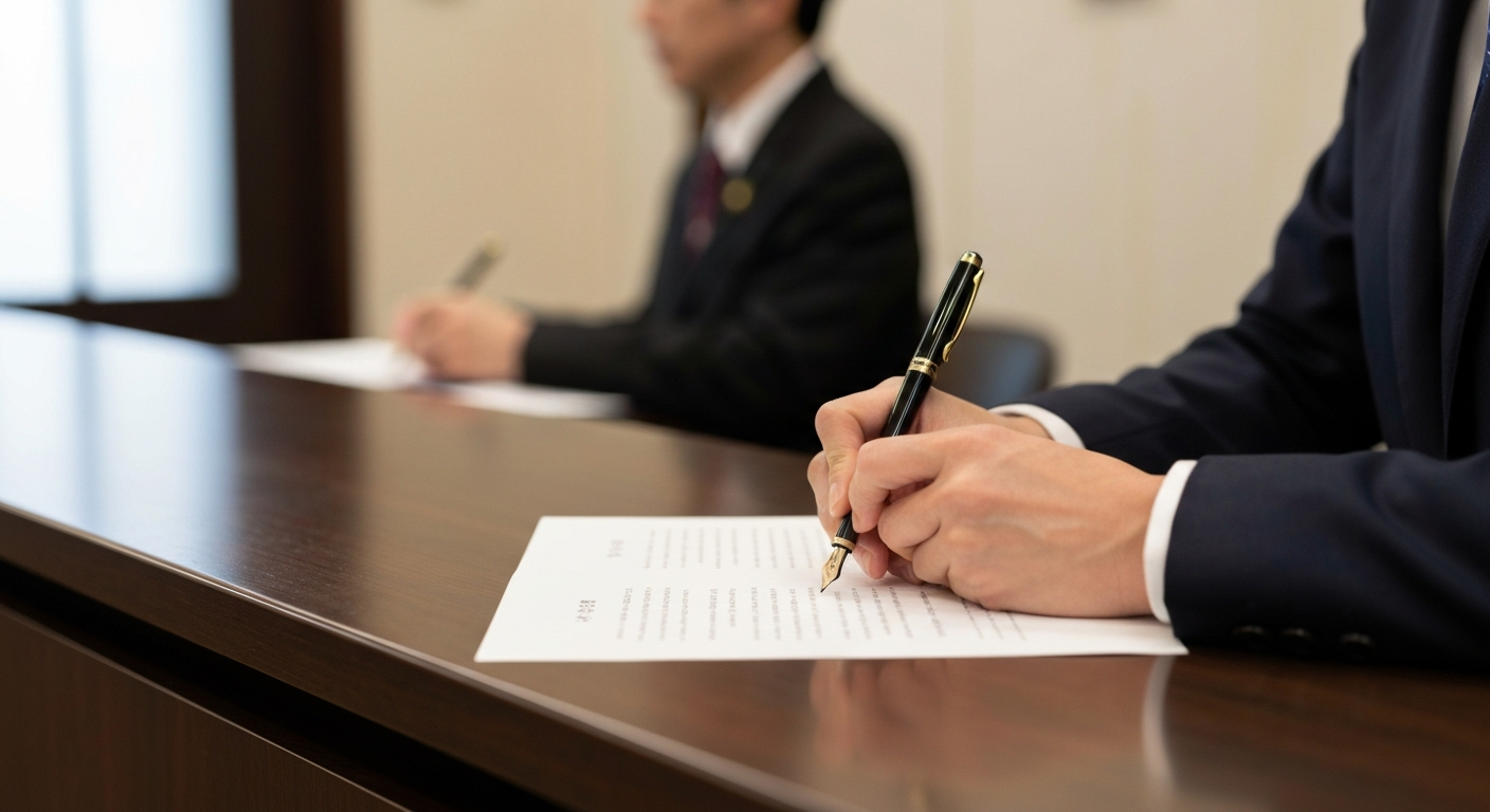 ai_image_2 | 神奈川県川崎市、横浜市やその近郊で相続手続き・相続登記なら「いがり円満相続相談室」 在外公館の窓口で、遺産分割協議書に署名している様子。署名証明書(サイン証明書)の取得手続きをイメージしています。
