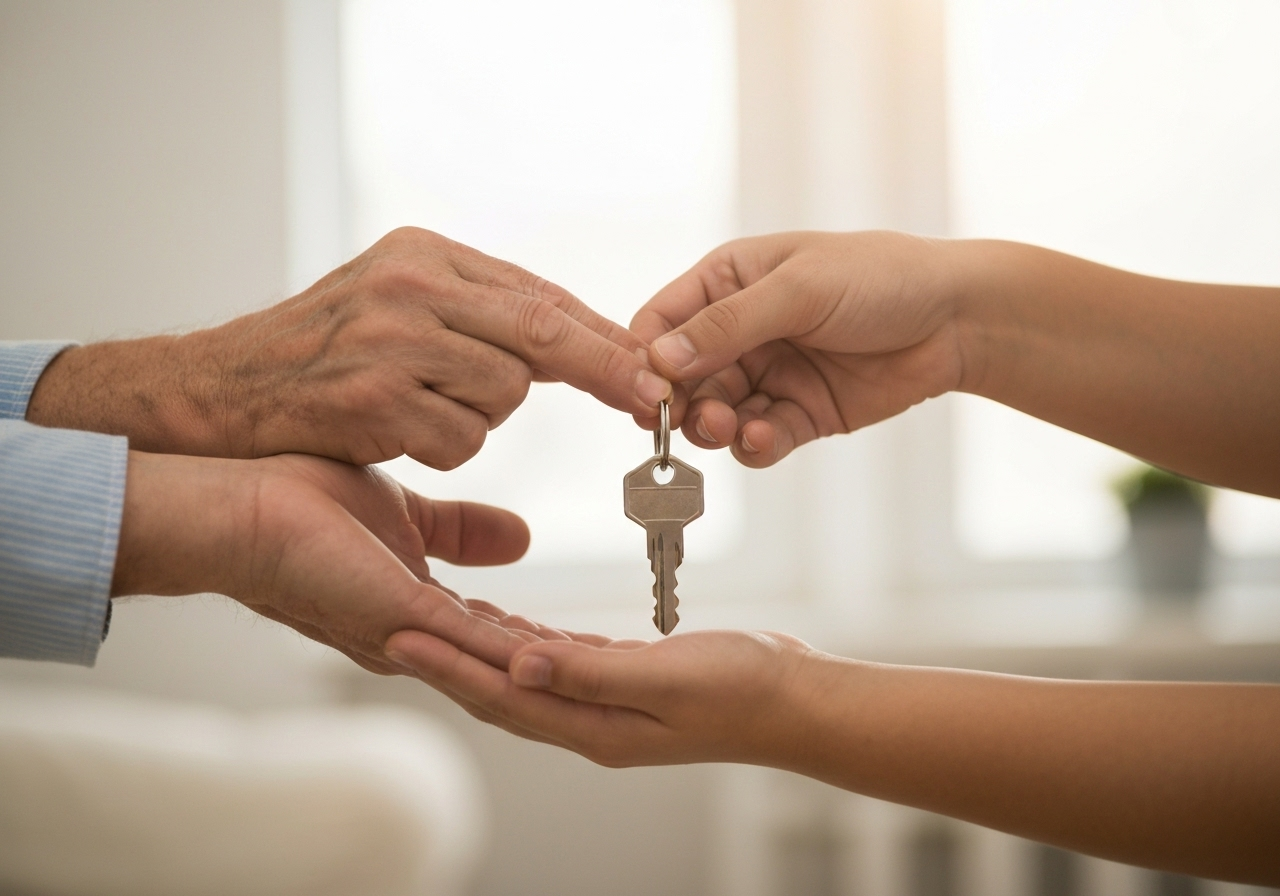 高齢の父の手から息子へと渡される家の鍵。民事信託による円滑な管理権の承継をイメージさせる写真。