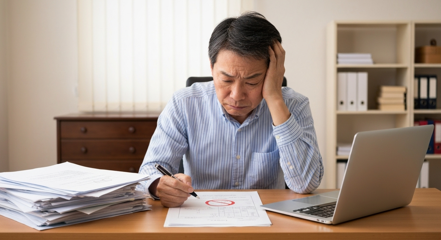 法定相続情報一覧図の自力作成でミスをしてしまい、頭を抱えている人の写真。書類作成の難しさやストレスを表現しています。
