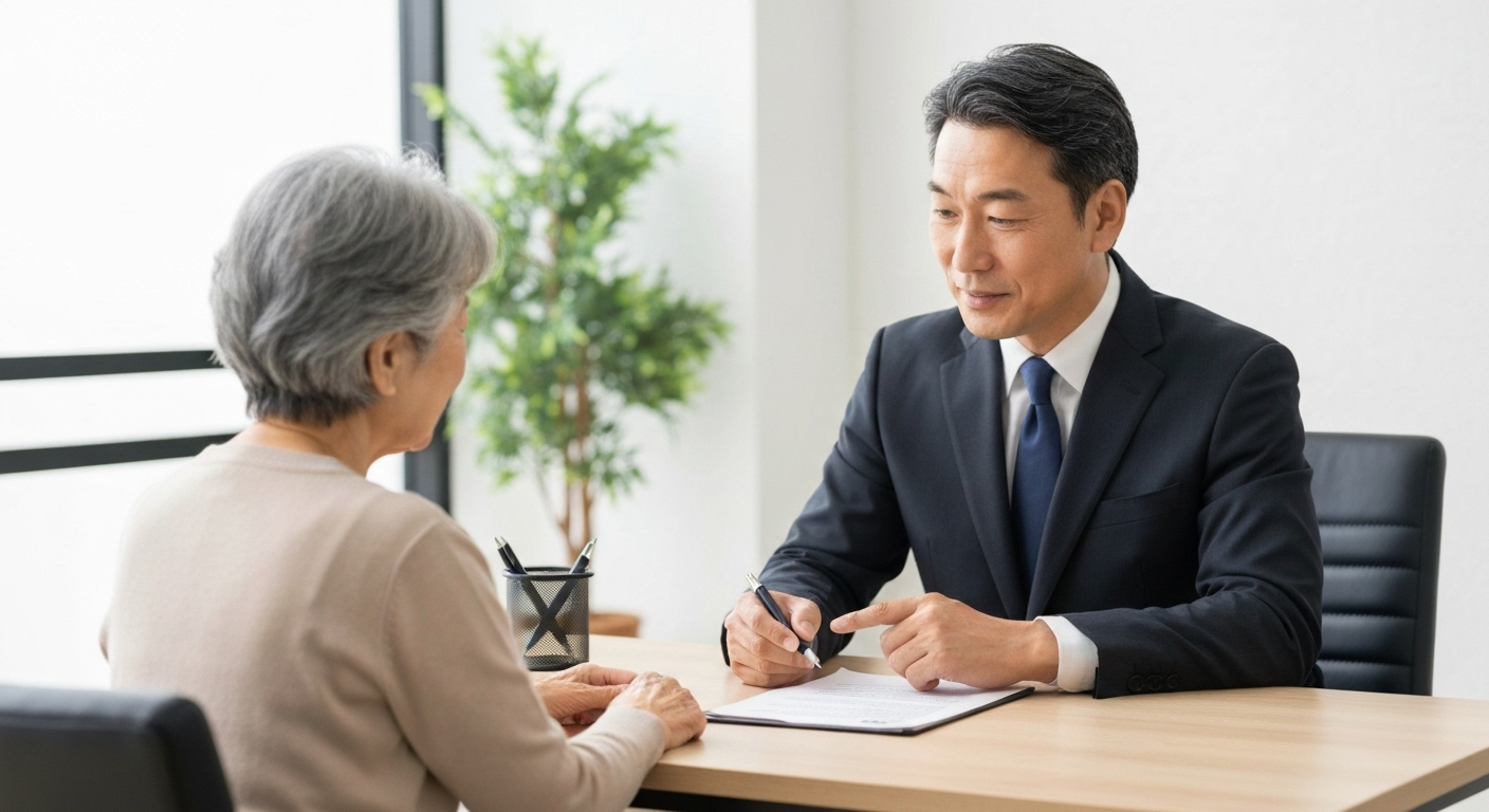 司法書士が依頼者に予備的遺言について説明している様子の写真。専門家への相談のメリットを伝えている。