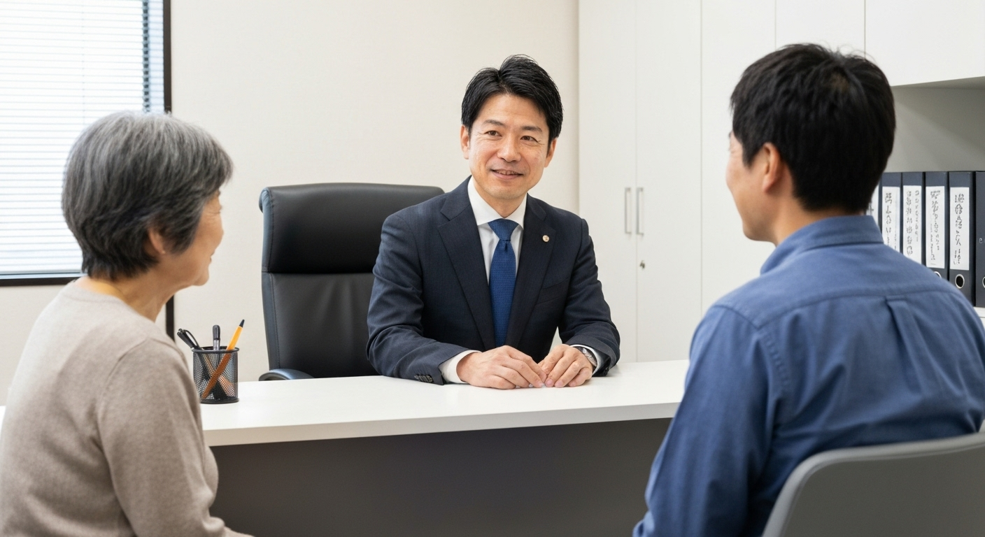 司法書士に相続の相談をする高齢の母親と息子。専門家が親身に話を聞いている。