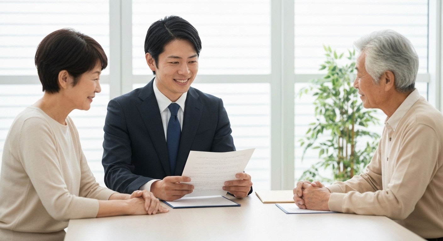 司法書士と相談しながら、安心して公正証書遺言を作成している様子の老夫婦