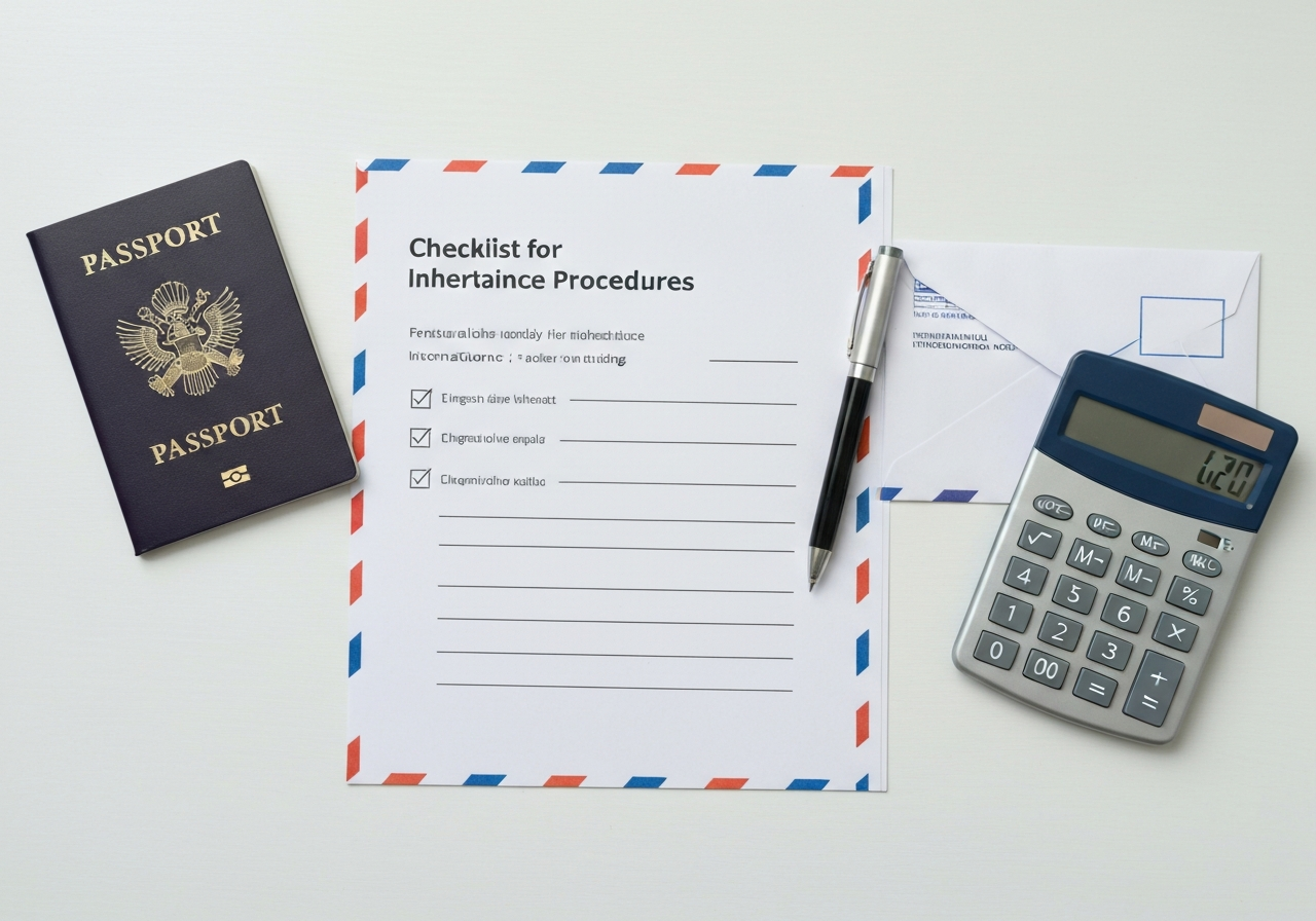 ai_image_3 | 神奈川県川崎市、横浜市やその近郊で相続手続き・相続登記なら「いがり円満相続相談室」 相続手続きのチェックリストとパスポート、国際郵便の封筒。海外在住の相続人がいる場合の手続きのステップを視覚的に表現。
