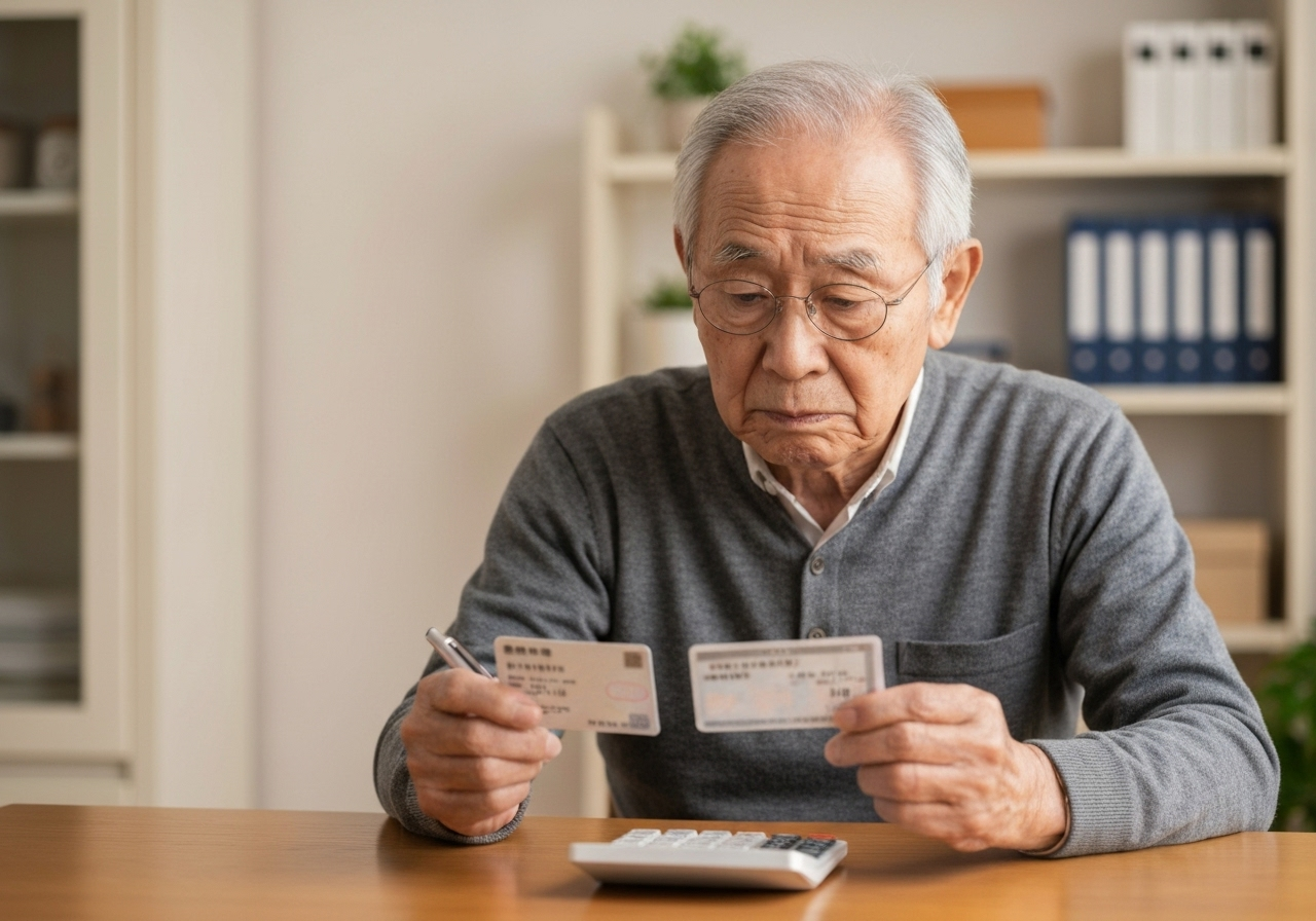 国民健康保険証と電卓を見ながら、保険料の上昇を心配する高齢男性。換価分割による社会保険料への影響を示唆している。
