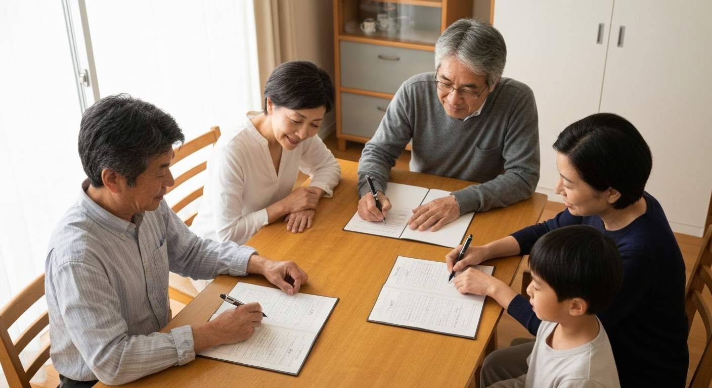 相続人である家族が円満に集まり、私道に関する遺産分割協議書に署名・捺印している場面。