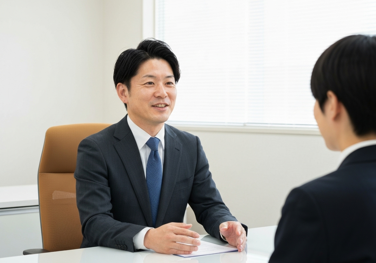 親身に相談者の話を聞くいがり綜合事務所の司法書士。専門家への相談を促している。