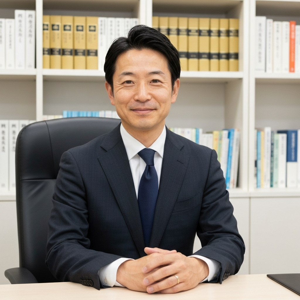 いがり綜合事務所の代表司法書士。信頼感と専門性を感じさせるオフィスでのポートレート写真。