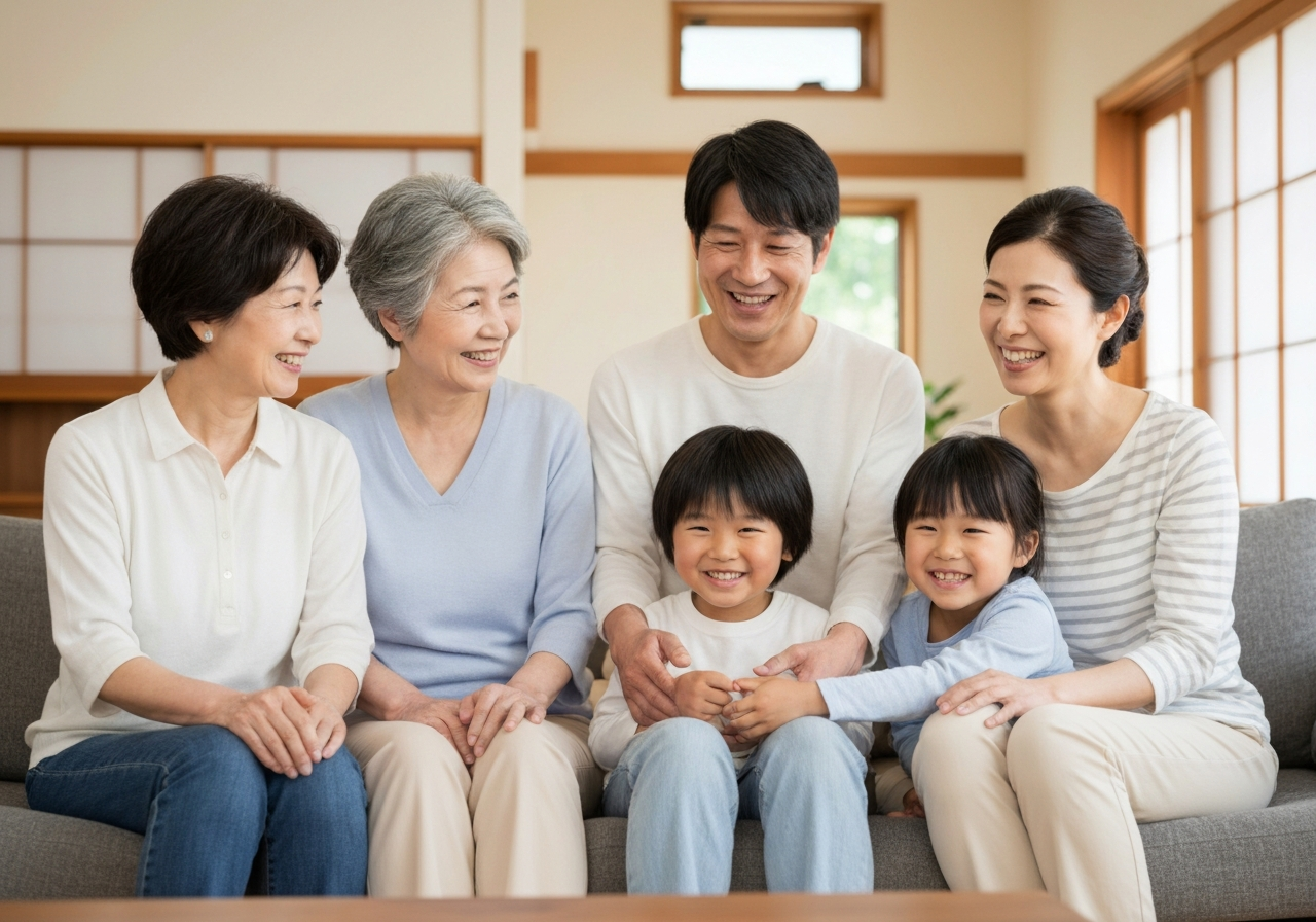 ai_image_1 | 神奈川県川崎市、横浜市やその近郊で相続手続き・相続登記なら「いがり円満相続相談室」 三世代の日本の家族がリビングで仲良く微笑んでいる様子。生前対策が家族の幸せを守ることを象徴する画像。