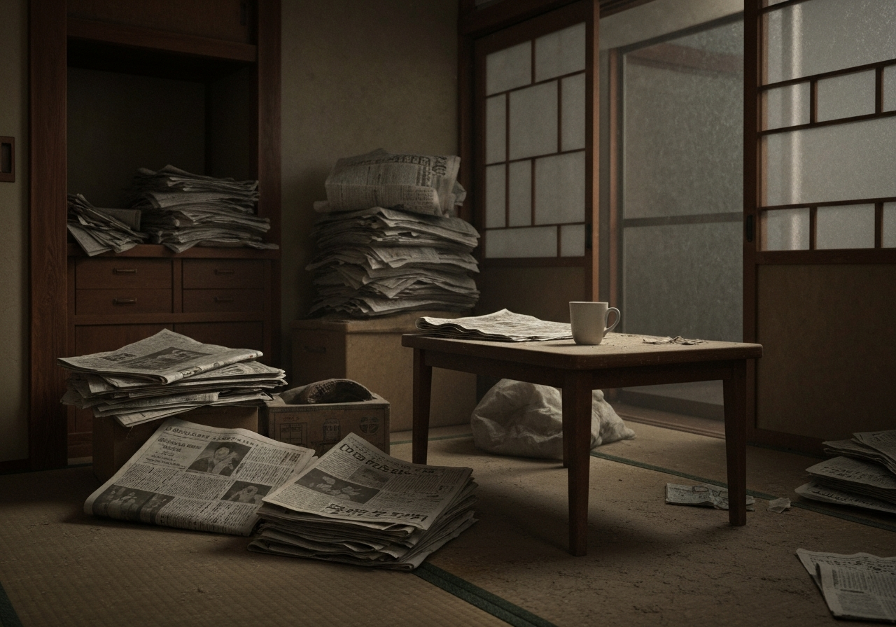 孤独死の現場を思わせる、遺品が残されたままの部屋。相続手続きの困難さを象徴している。