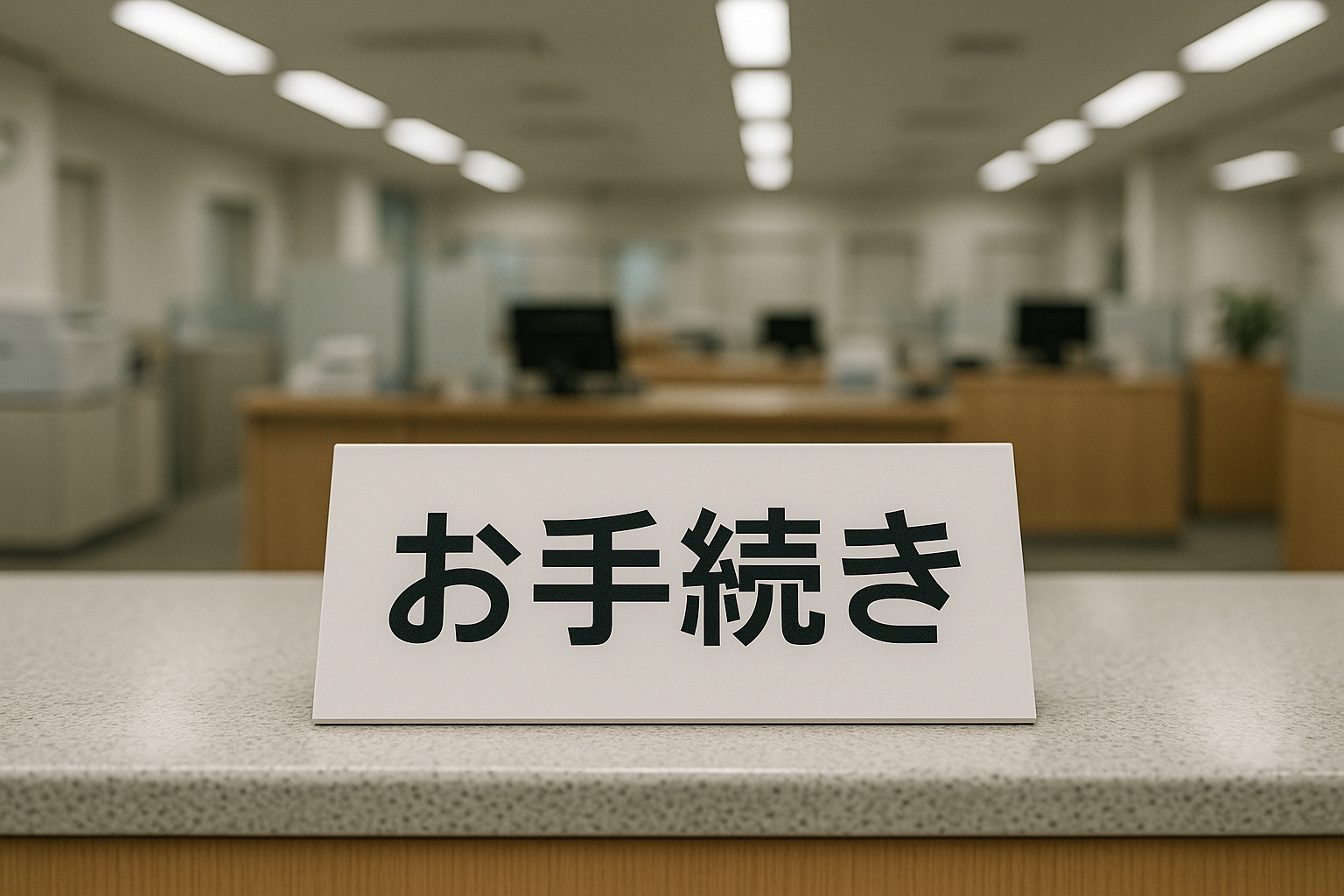 ai_image_1 | 神奈川県川崎市、横浜市やその近郊で相続手続き・相続登記なら「いがり円満相続相談室」 銀行の窓口に置かれた「お手続き」の案内。相続手続きの煩雑さを象徴している。