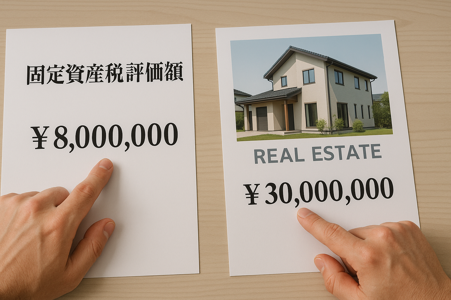 ai_image_1 | 神奈川県川崎市、横浜市やその近郊で相続手続き・相続登記なら「いがり円満相続相談室」 固定資産税評価額が書かれた書類と、不動産会社の査定書を指さす二つの手。相続不動産の評価基準が複数あることを示すイメージ。