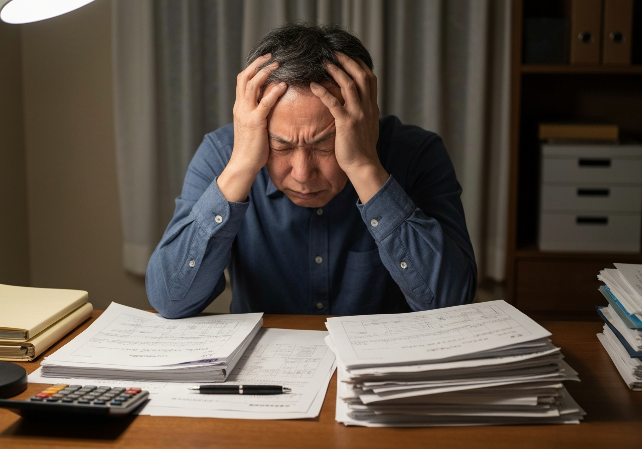 ai_image_1 | 神奈川県川崎市、横浜市やその近郊で相続手続き・相続登記なら「いがり円満相続相談室」 相続登記の書類の多さに頭を抱える人物。自分で手続きを行うことの精神的負担を表現している。