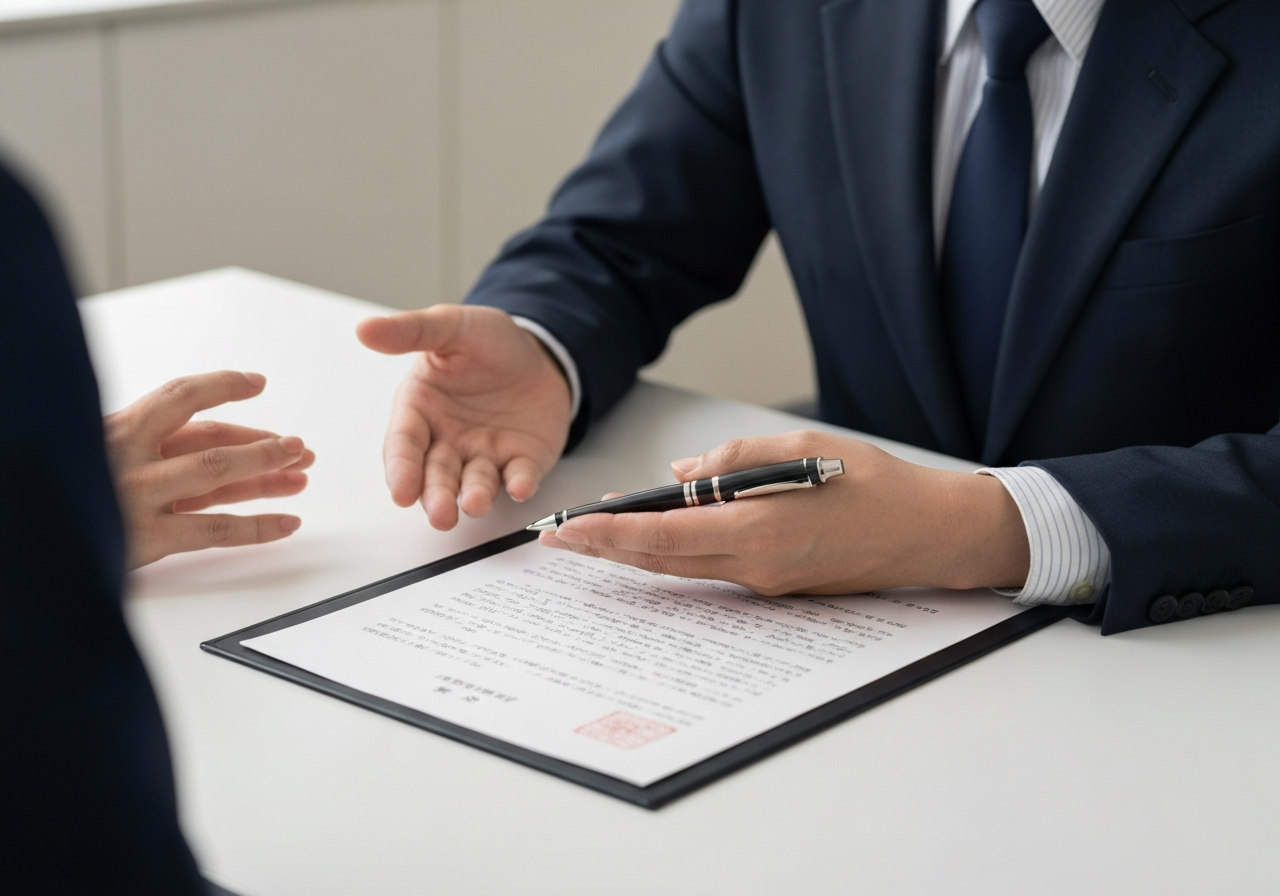 ai_image_1 | 神奈川県川崎市、横浜市やその近郊で相続手続き・相続登記なら「いがり円満相続相談室」 相続登記について司法書士から説明を受ける相談者。専門家が丁寧に解説している。