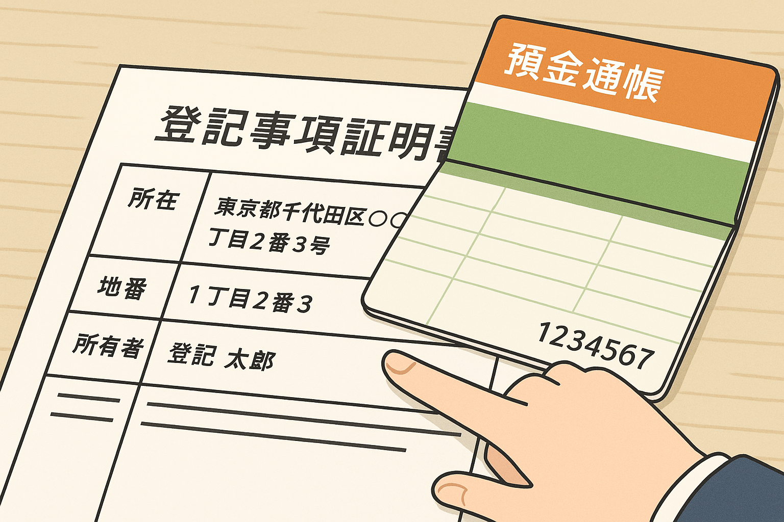 財産目録作成の重要性を示す不動産登記簿と預金通帳のイラスト