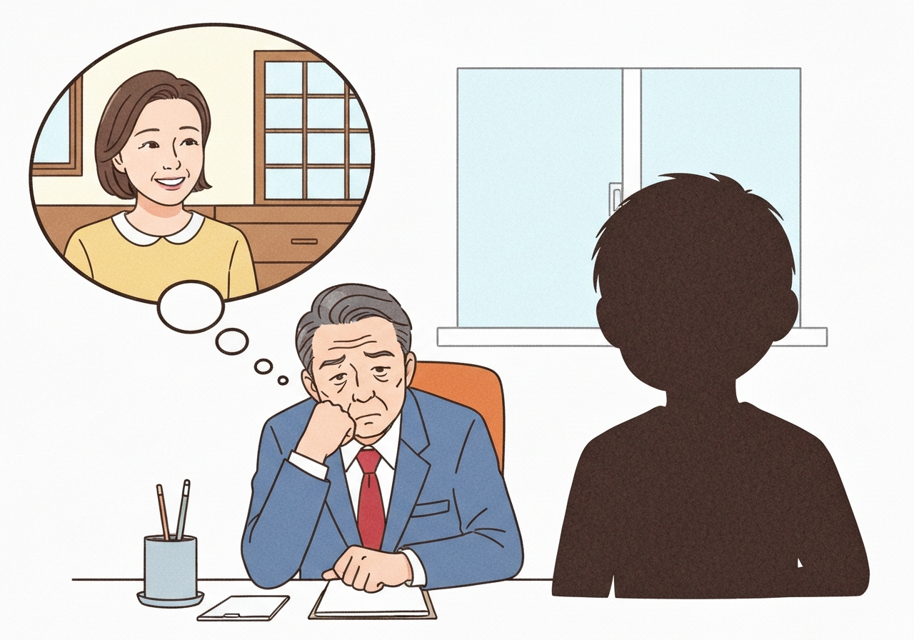 ai_image_1 | 神奈川県川崎市、横浜市やその近郊で相続手続き・相続登記なら「いがり円満相続相談室」 再婚相手と前妻の子との間で相続について悩む男性のイラスト