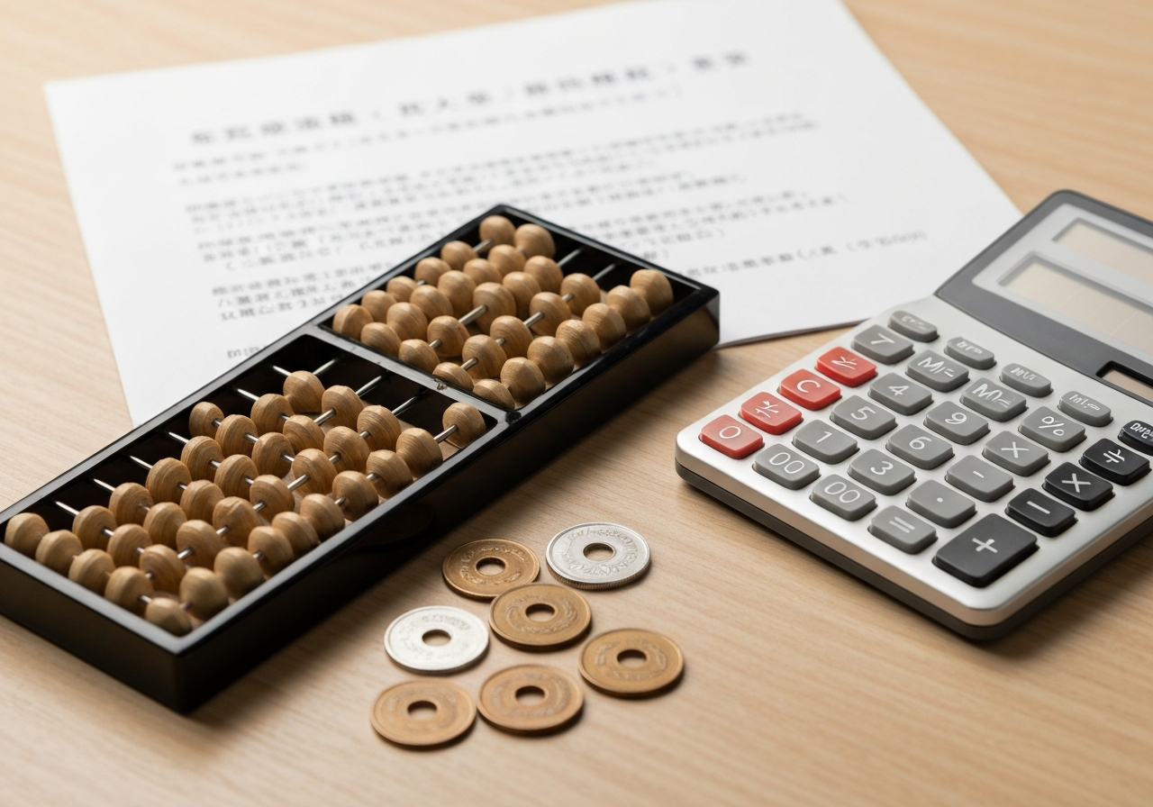 相続登記費用の内訳を計算するイメージ。そろばんと電卓、現金が置かれている。