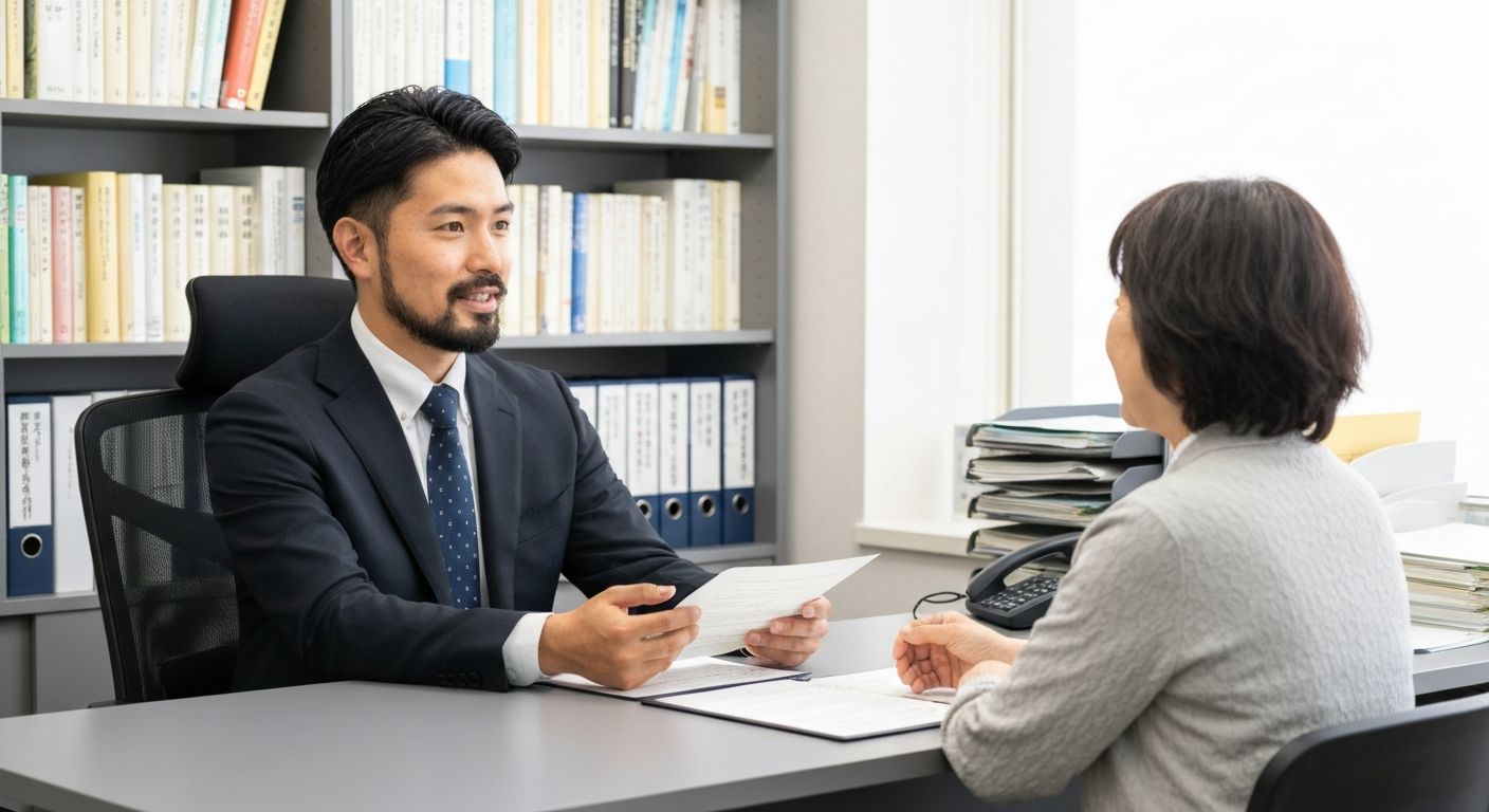 ai_image_1 | 神奈川県川崎市、横浜市やその近郊で相続手続き・相続登記なら「いがり円満相続相談室」 司法書士が相談者に対して、書類を見せながら安心させるように丁寧に説明している様子。