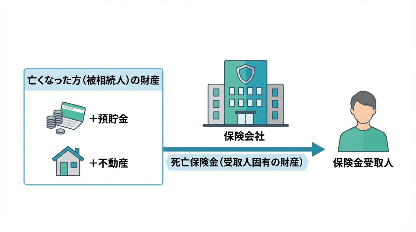 生命保険金が相続財産にならない理由を示す図解。保険会社から受取人へ直接支払われるため、被相続人の財産を経由しないことを表している。