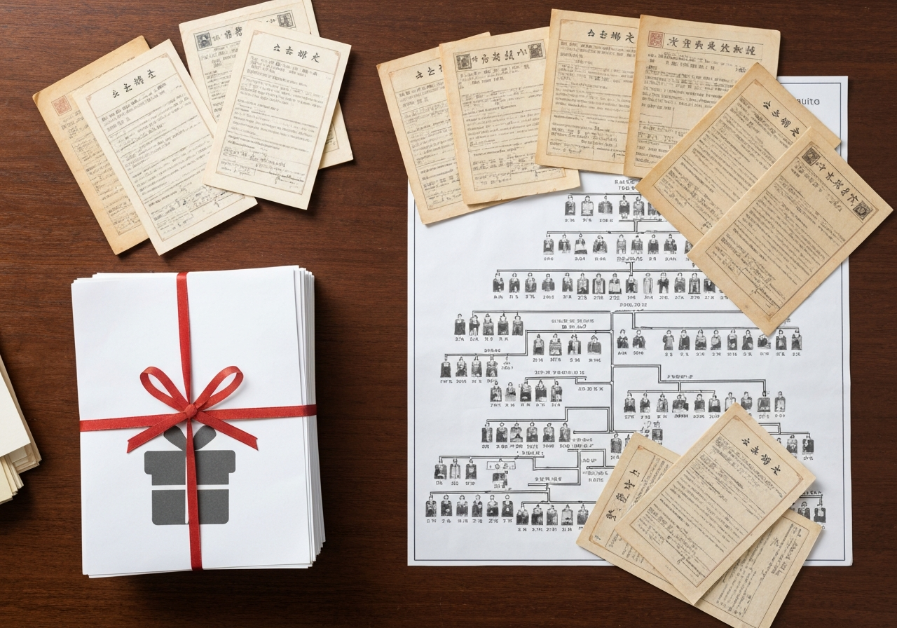 机の上に置かれた贈与契約書と、複雑に広げられた戸籍謄本の束。贈与登記と相続登記の手続きの煩雑さの違いを対比させている。