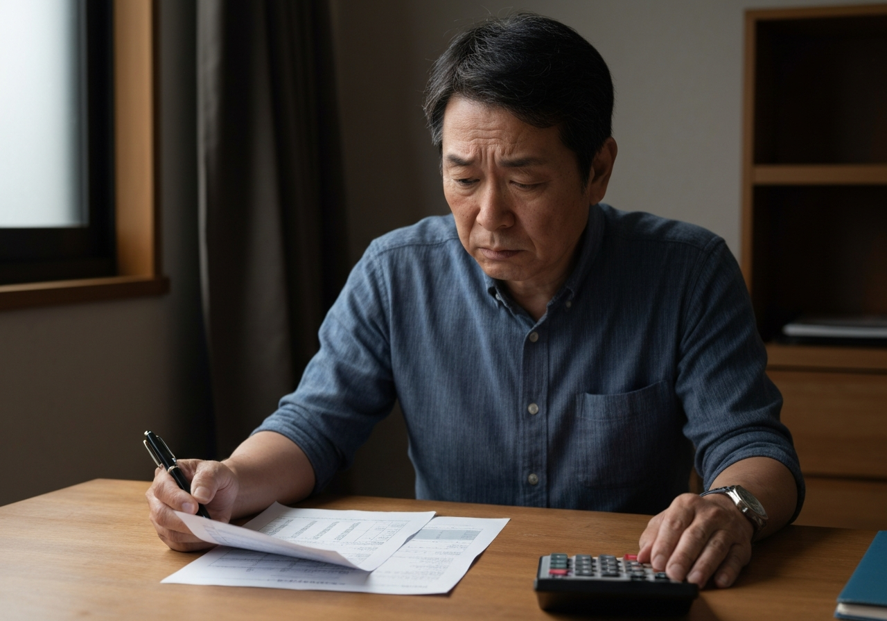 ai_image_2 | 神奈川県川崎市、横浜市やその近郊で相続手続き・相続登記なら「いがり円満相続相談室」 代償金の支払いに悩み、書類と電卓を前に頭を抱える中年の日本人