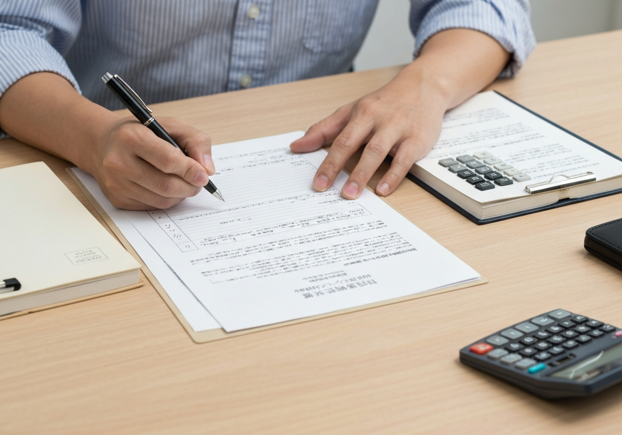 ai_image_2 | 神奈川県川崎市、横浜市やその近郊で相続手続き・相続登記なら「いがり円満相続相談室」 机の上で財産目録を作成している様子。預金通帳や権利証などの書類を整理しており、生前対策の第一歩をイメージさせる。