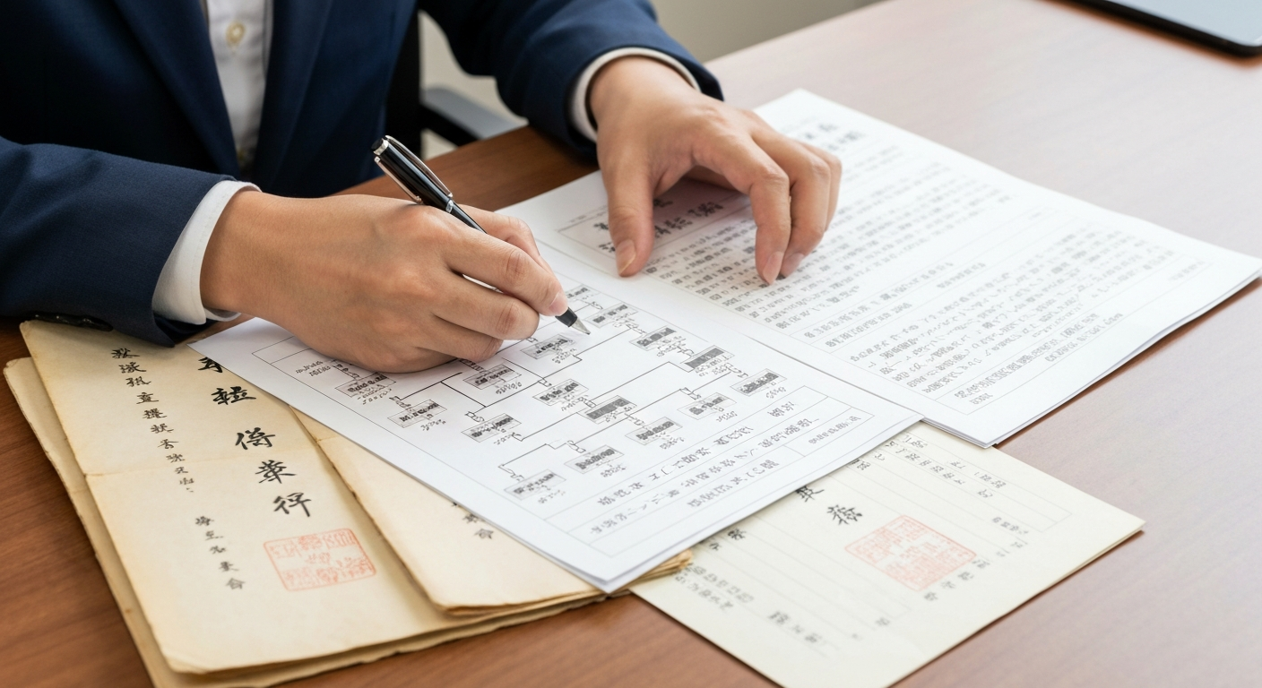 司法書士が戸籍謄本を整理し、複雑な相続関係説明図を作成している様子。専門家による正確な調査を表している。