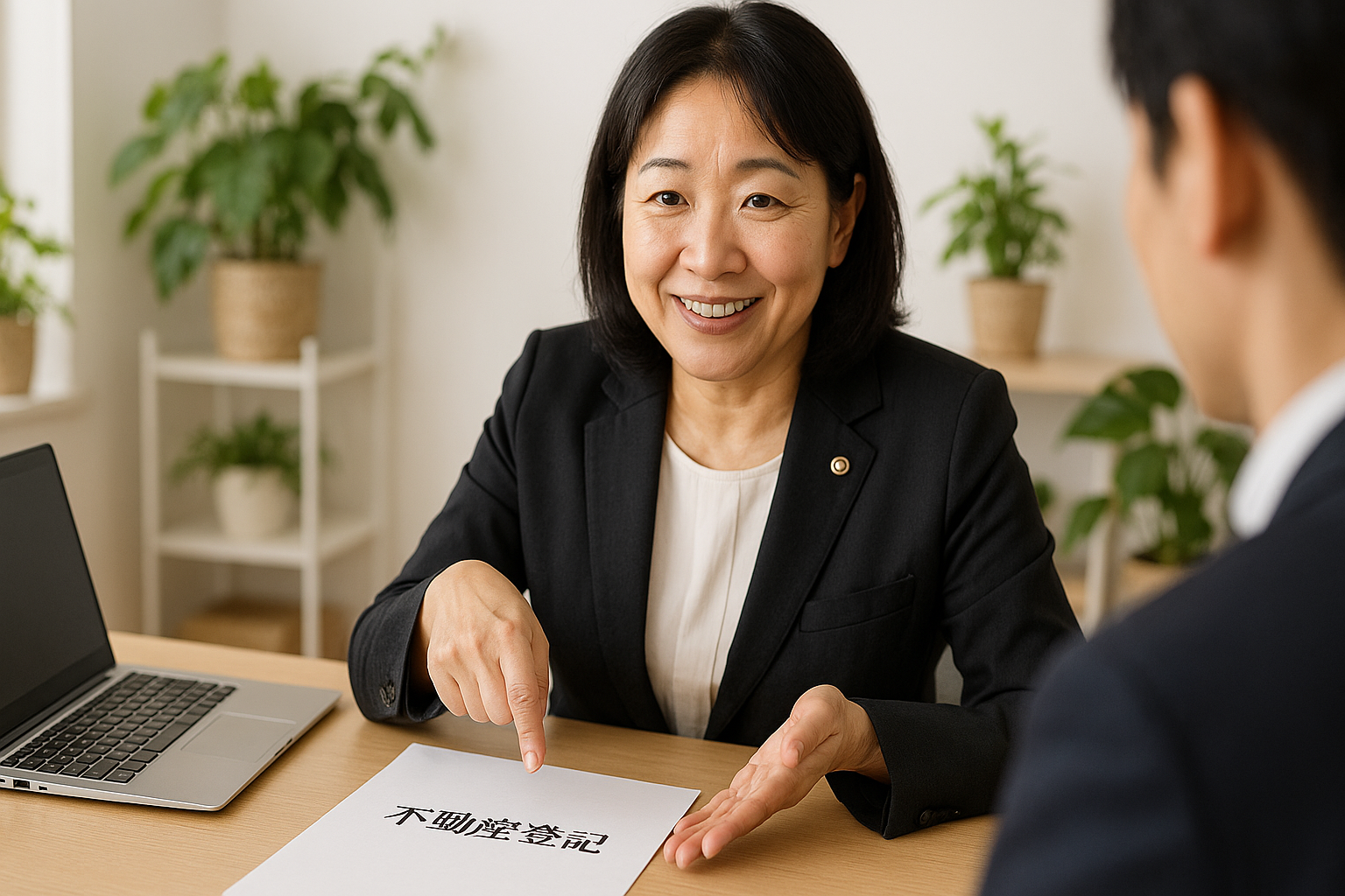 司法書士が不動産の権利証を指さしながら、相続税申告の要否について相談者に説明している様子。