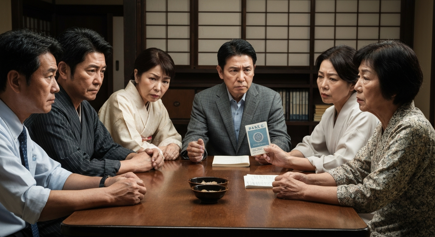 ai_image_2 | 神奈川県川崎市、横浜市やその近郊で相続手続き・相続登記なら「いがり円満相続相談室」 故人の預金通帳をめぐり、険悪な雰囲気で話し合う相続人たち。無断の引き出しが原因で相続トラブルに発展する様子。