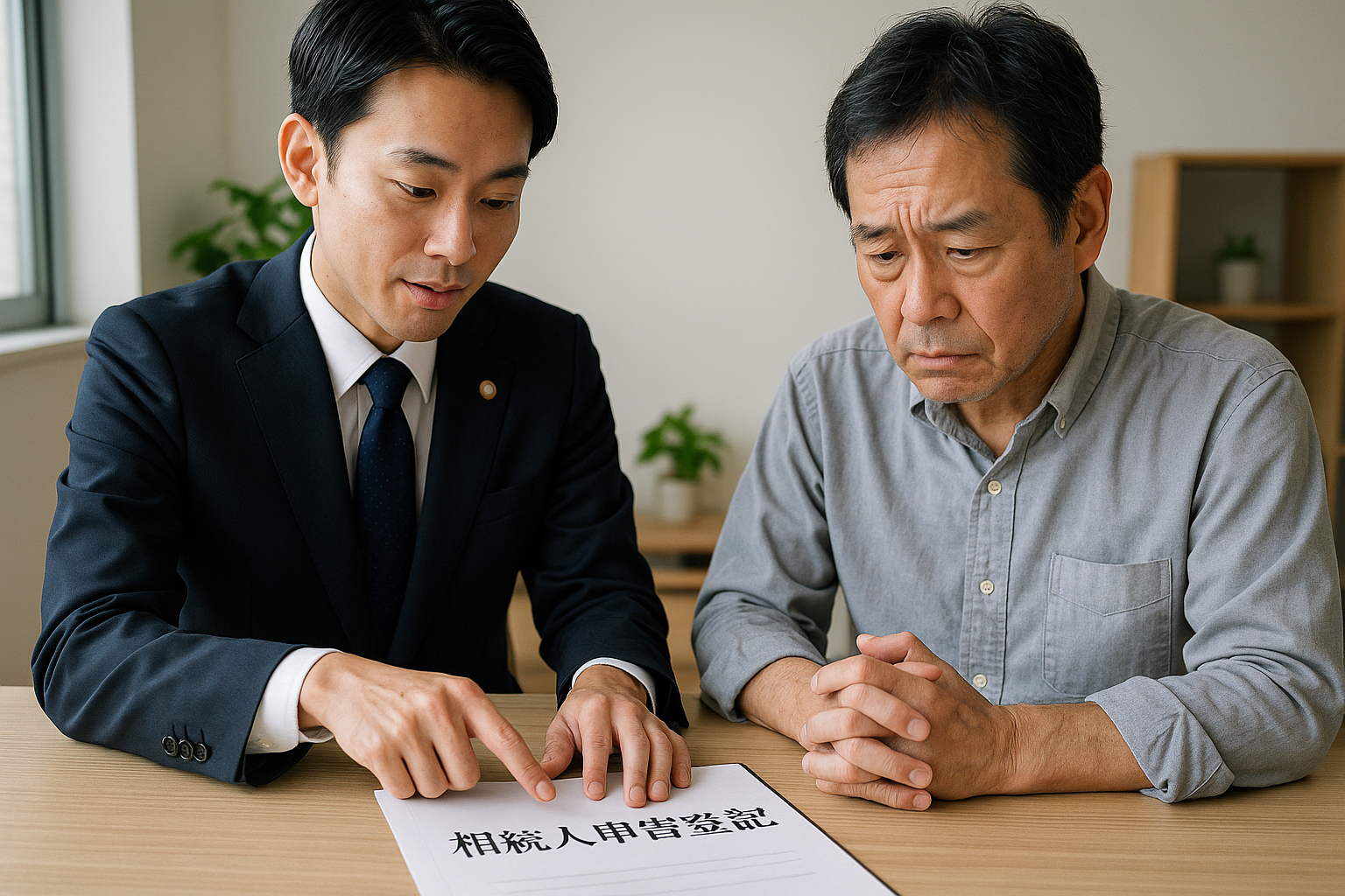 ai_image_2 | 神奈川県川崎市、横浜市やその近郊で相続手続き・相続登記なら「いがり円満相続相談室」 司法書士が相談者へ相続人申告登記のメリット・デメリットを説明している様子。