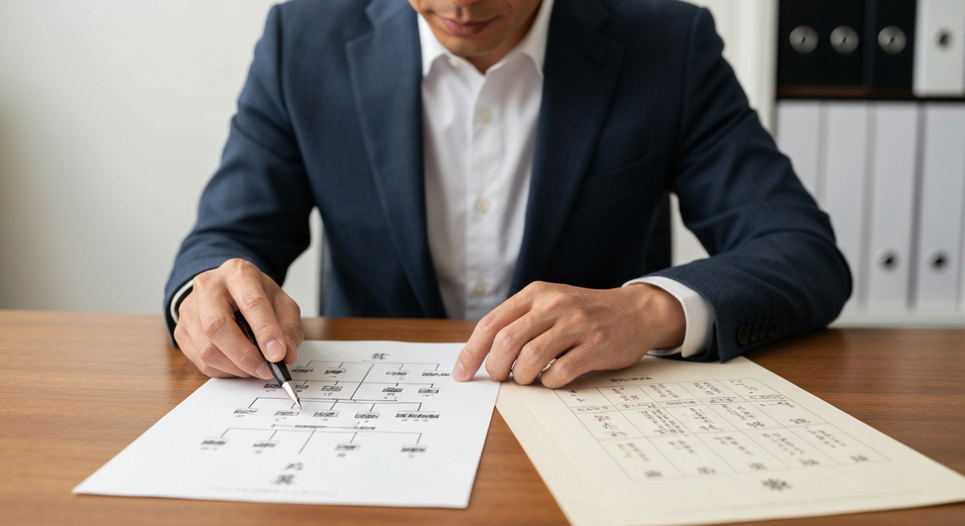 ai_image_2 | 神奈川県川崎市、横浜市やその近郊で相続手続き・相続登記なら「いがり円満相続相談室」 司法書士が複雑な戸籍謄本を調査している様子。専門家による正確な手続きを象徴している。