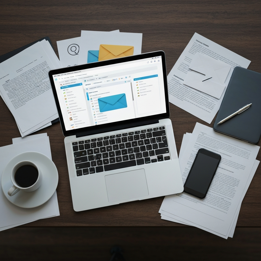 ai_image_2 | 神奈川県川崎市、横浜市やその近郊で相続手続き・相続登記なら「いがり円満相続相談室」 大量のメールが届いているパソコンの画面。法務局からの重要な通知を見逃すリスクを象徴している。