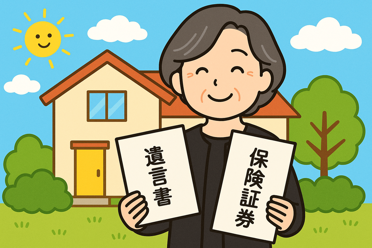 ai_image_2 | 神奈川県川崎市、横浜市やその近郊で相続手続き・相続登記なら「いがり円満相続相談室」 遺言書と生命保険証券を手に持ち、自宅の前で安心した表情を浮かべる女性のイラスト