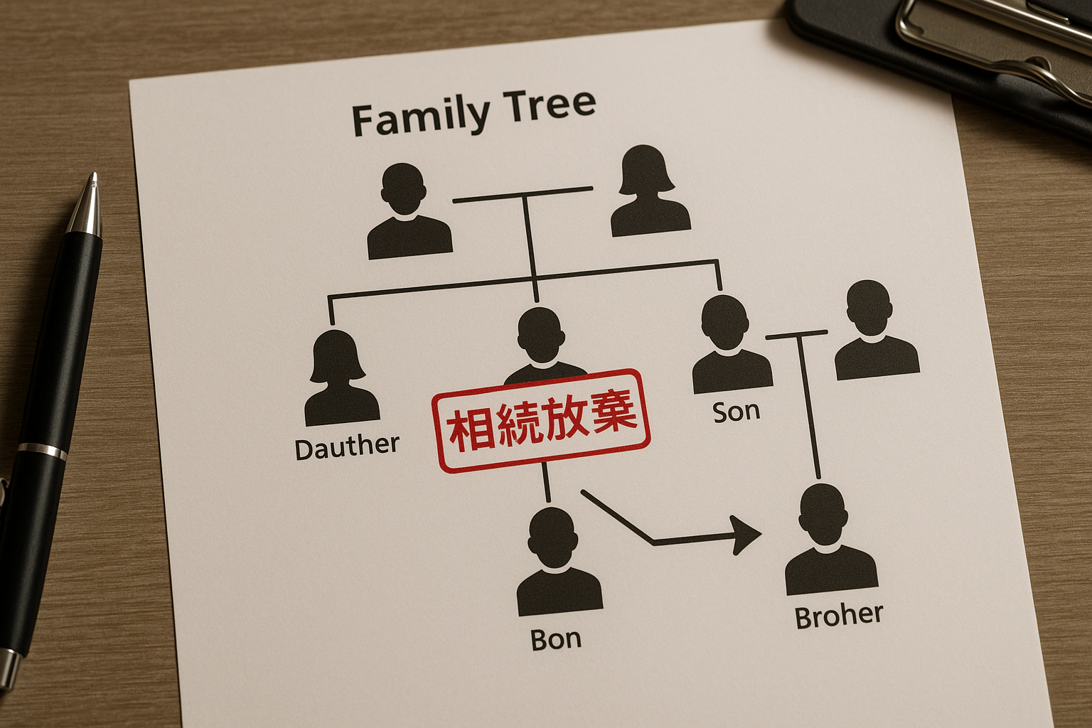 ai_image_2 | 神奈川県川崎市、横浜市やその近郊で相続手続き・相続登記なら「いがり円満相続相談室」 相続放棄をした場合の相続権の流れを示す家系図。相続権が次順位の相続人に移っている。