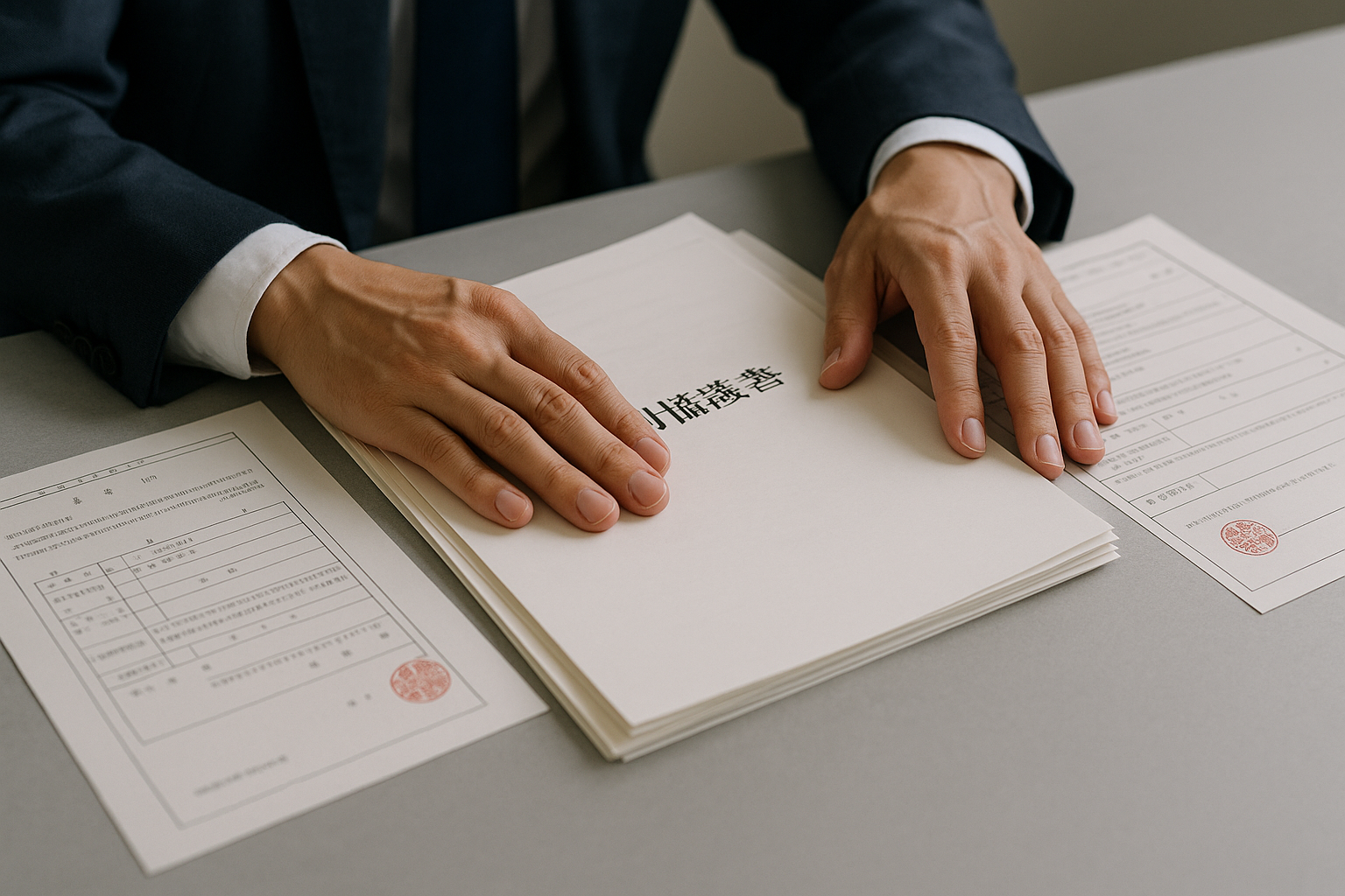 ai_image_3 | 神奈川県川崎市、横浜市やその近郊で相続手続き・相続登記なら「いがり円満相続相談室」 司法書士が遺産分割協議書や戸籍謄本など、相続手続きに必要な書類を整理している様子。専門家による正確な手続きを表現。